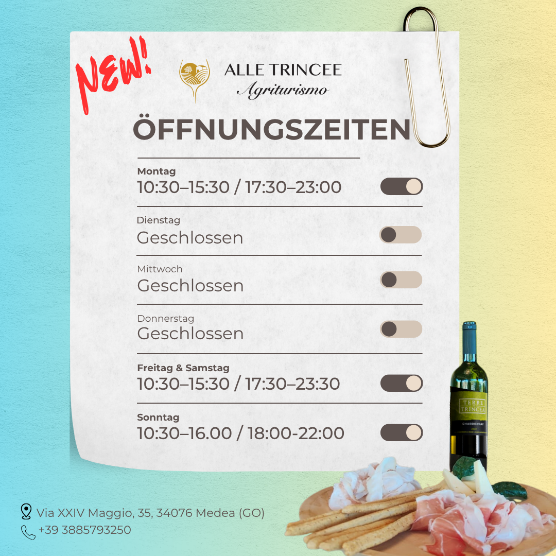 Öffnungszeiten Agriturismo Alle Trincee Agriturismo Friaul, Restaurant Gorizia, lokales Essen Medea