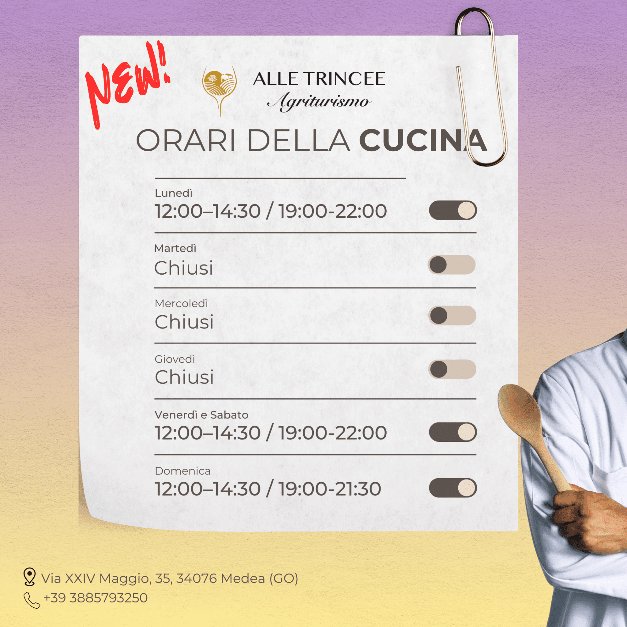 ORARI DELLA CUCINA - Agrituriso Alle Trincee Medea vicino a gorizia cucina tipica friulana