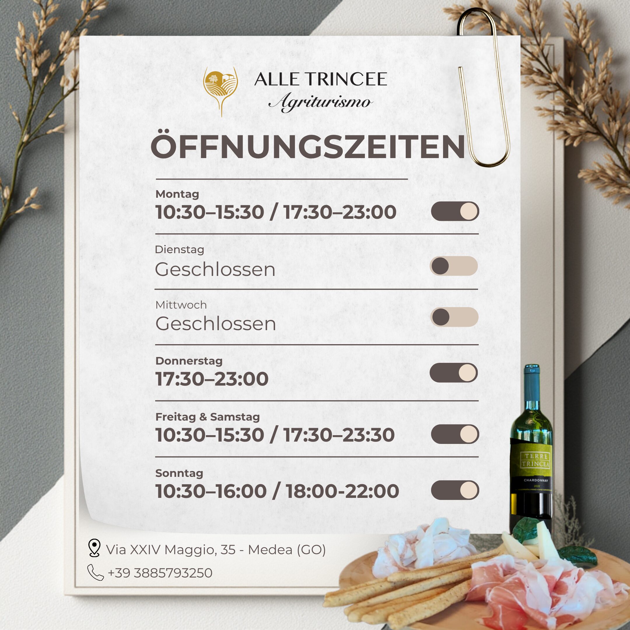 Öffnungszeiten Agriturismo Alle Trincee Agriturismo Friaul, Restaurant Gorizia, lokales Essen Medea Öffnungszeiten Agriturismo Alle Trincee Agriturismo Friaul, Restaurant Gorizia, lokales Essen Medea