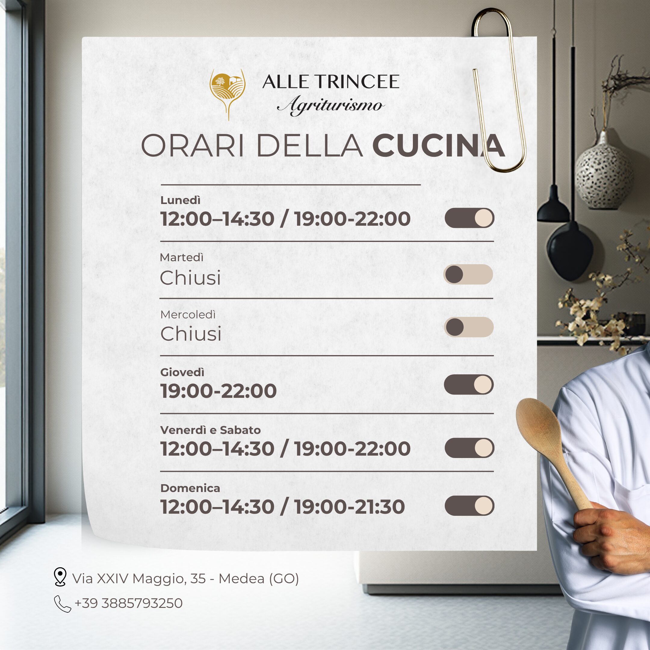 ORARI DELLA CUCINA - Agrituriso Alle Trincee Medea vicino a gorizia cucina tipica friulana