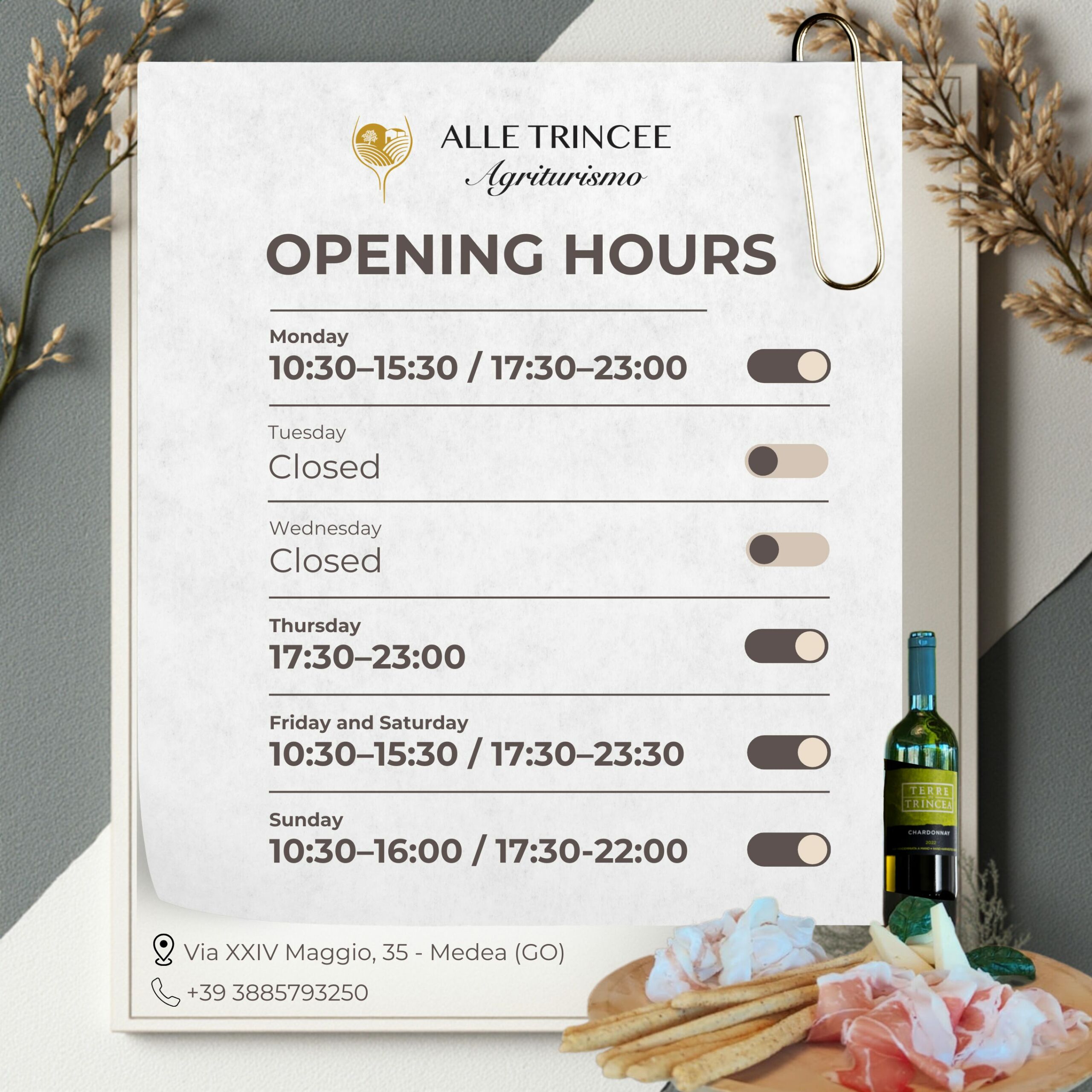 Opening hours Agriturismo Alle Trincee Restaurant in Medea next to Gorizia FVG Friul Agriturismo Alle Trincee Agriturismo Friul, Restaurant Gorizia, local food in Medea